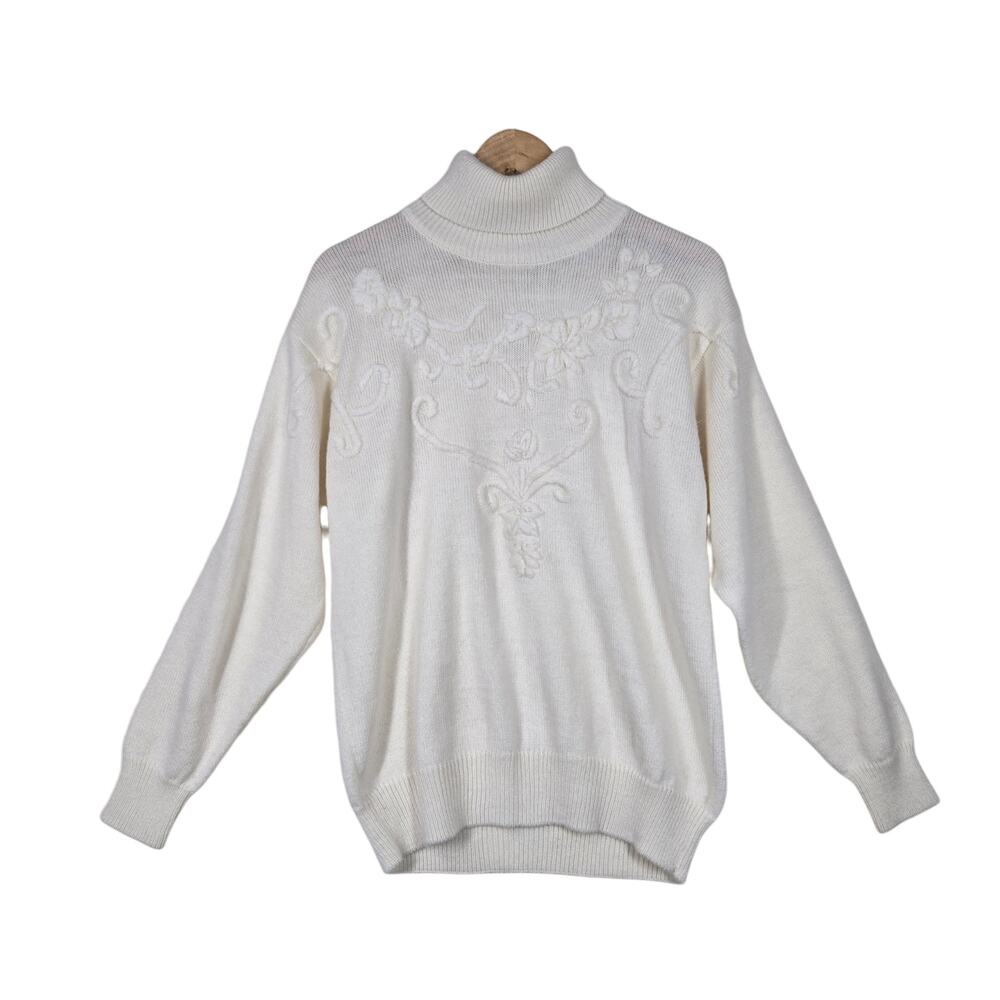 Vintage 90s Sheridan Square Sweater sz M Ivory Floral Embroidered Turtleneck